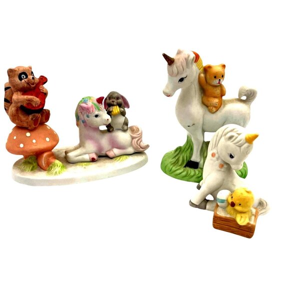 Vintage 1985 Etc Whimsical Unicorn & Woodland Animal Figurine lot of 3 Ceramic - Picture 1 of 7